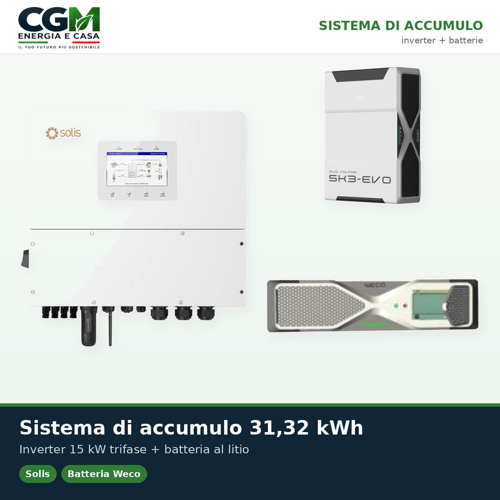 Sistema di accumulo trifase inverter 15kW Solis batteria al litio 31.32kWh Weco EVO 5k3 - CGM Energia e Casa